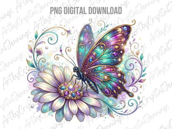 Download Ornate Jeweled Butterfly &amp; Flower PNG - Flower Collection