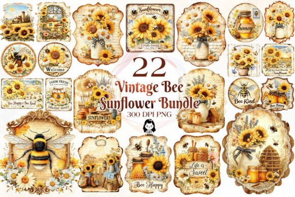 Download Vintage Bee Honey Sunflower Label Bundle - Flower Collection